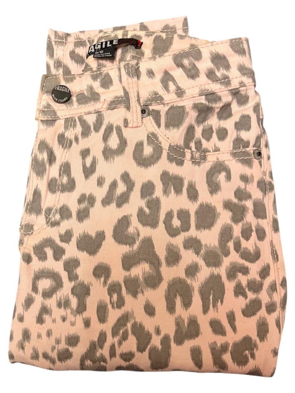 Fragile Pink and Gray Leopard Print Jeans- Size Juniors 5/6